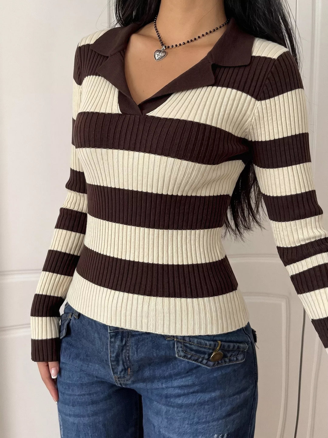 Striped ribbed knit polo collar long sleeve top