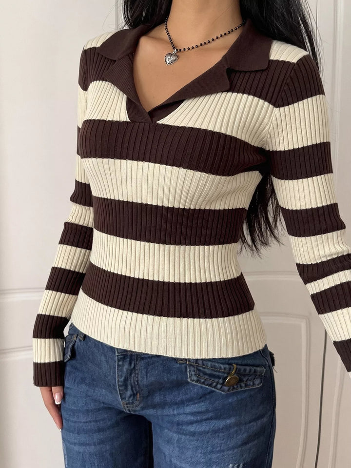Striped ribbed knit polo collar long sleeve top