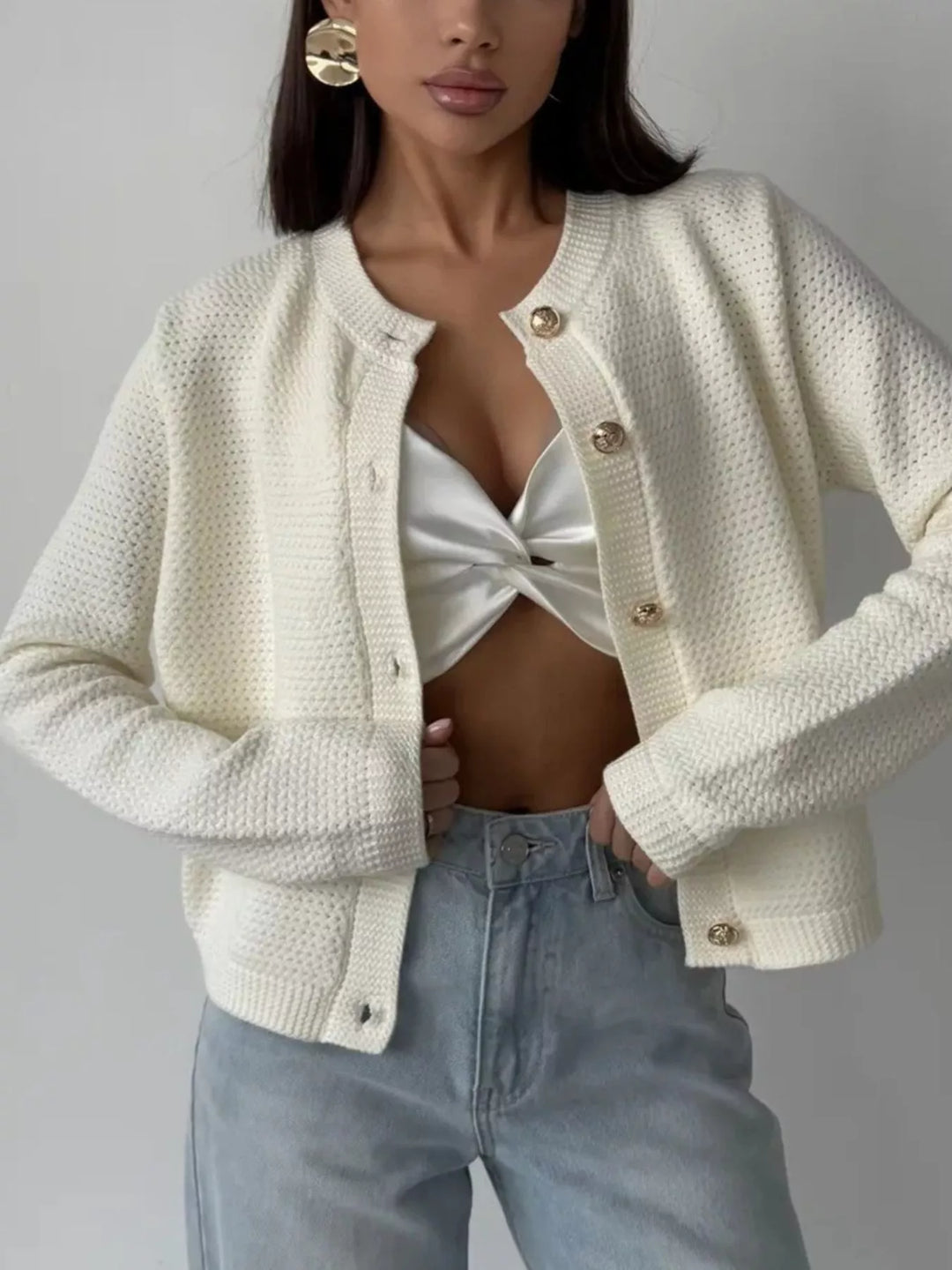 Textured waffle-knit button-up cardigan with gold buttons