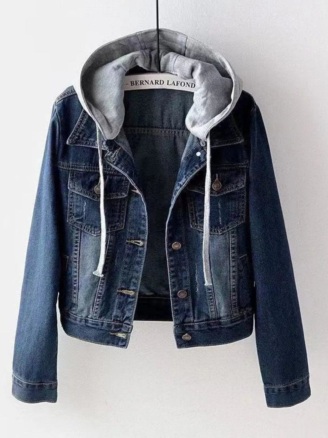 Hooded denim jacket with button-up front and drawstring