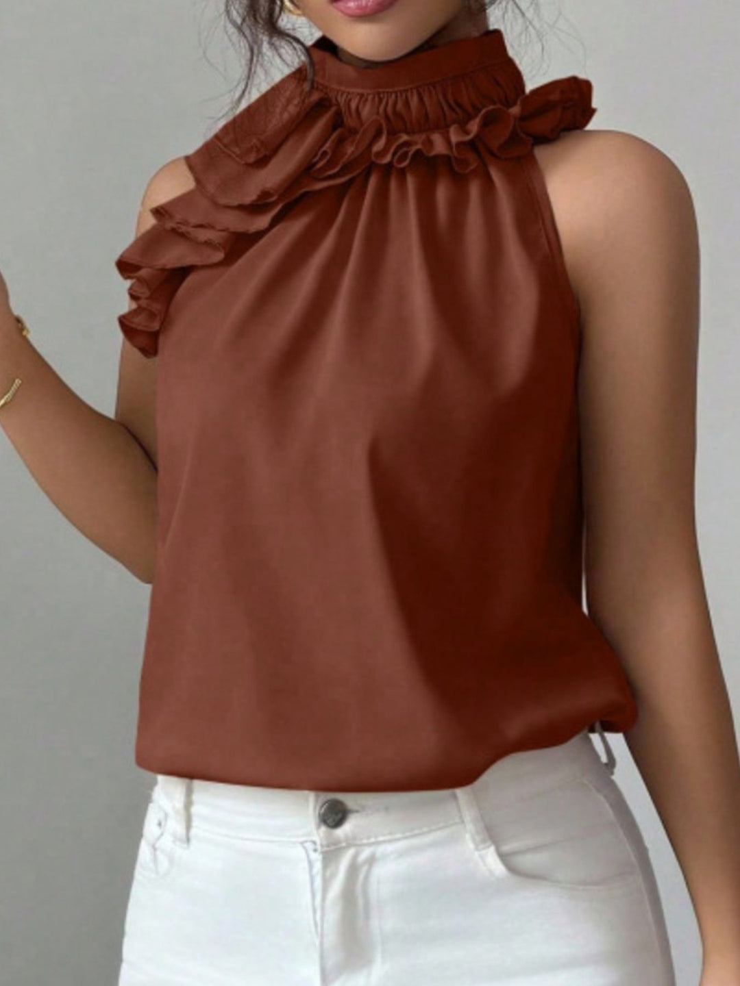 Flowy ruffle-trim high-neck sleeveless blouse