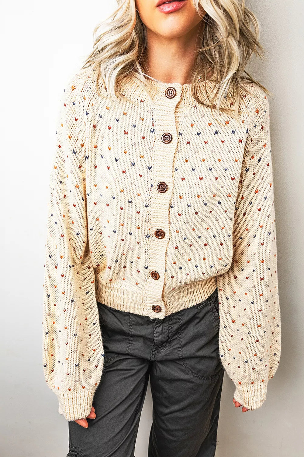 Beige Speckled dot knit button-front cardigan with balloon sleeves