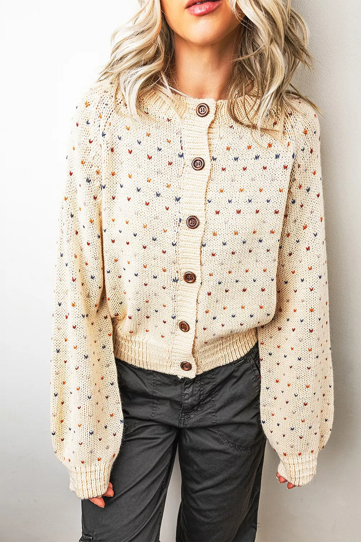 Beige Speckled dot knit button-front cardigan with balloon sleeves