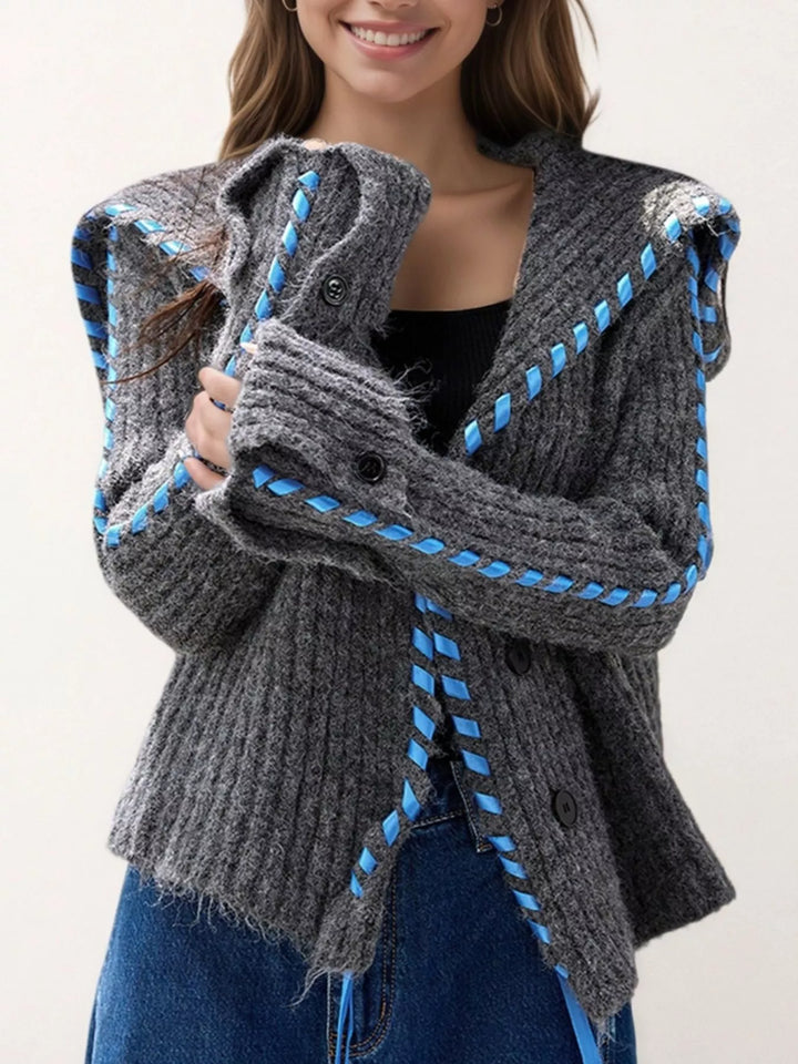 Ribbed knit button-front cardigan with contrast ribbon trim