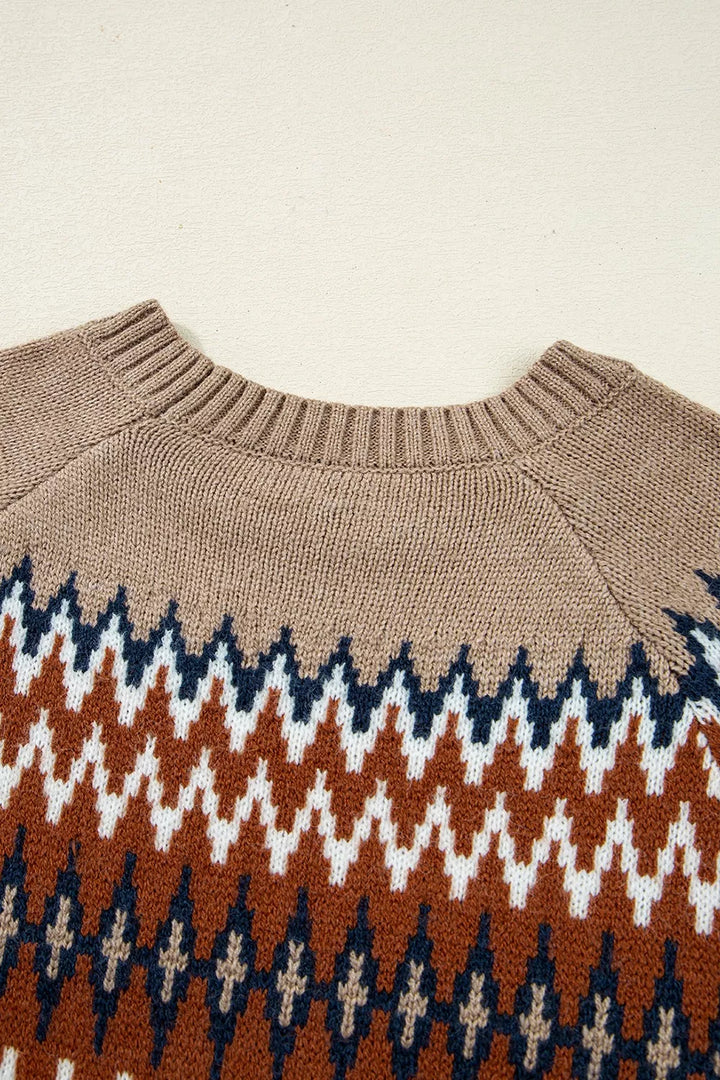 Geometric zigzag knit crew neck pullover sweater