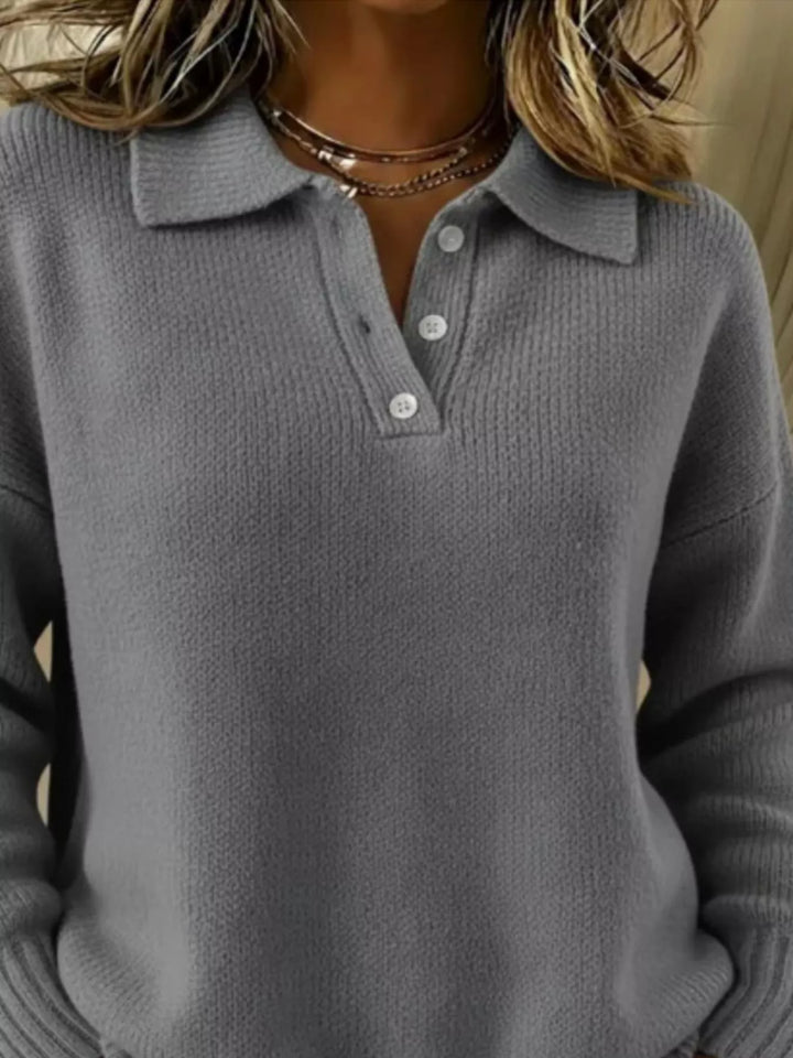 Half-button collar drop-shoulder pullover sweater