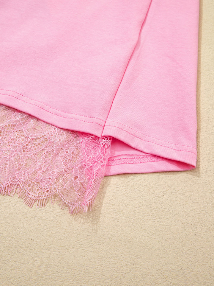 Oversized tee with floral lace back and sleeve trim