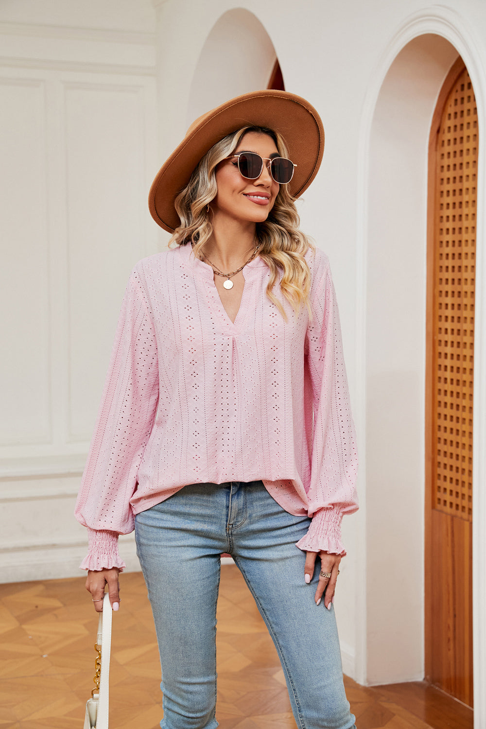 Blush Pink Eyelet notched-neck blouse with flounce sleeves