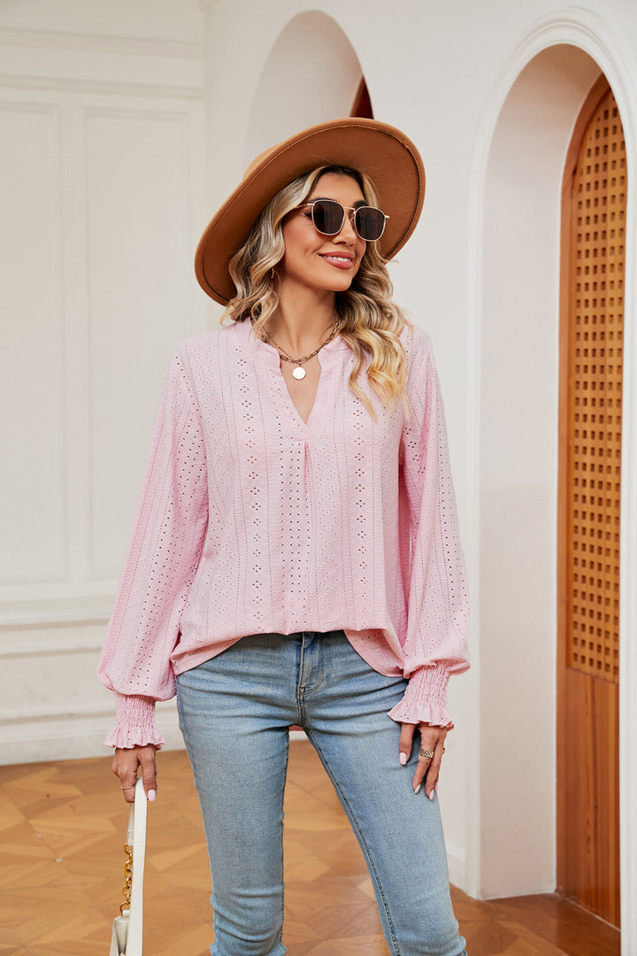 Blush Pink Eyelet notched-neck blouse with flounce sleeves