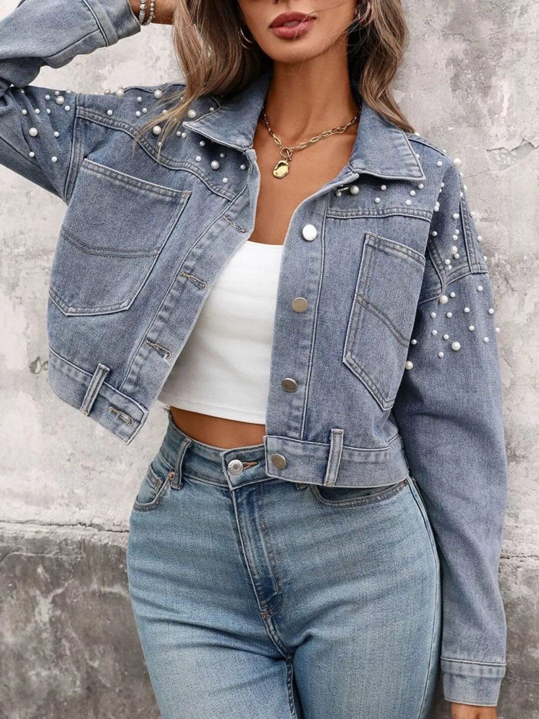 Pearl-embellished cropped denim jacket with patch pockets