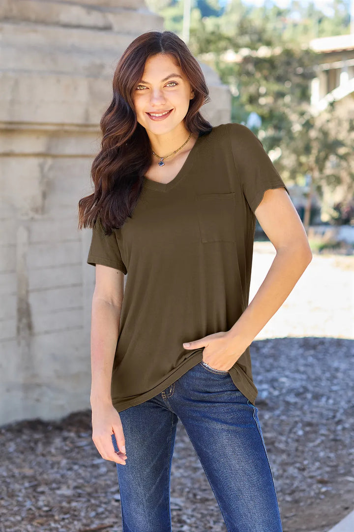 Mocha V-neck short sleeve pocket tee with relaxed drape