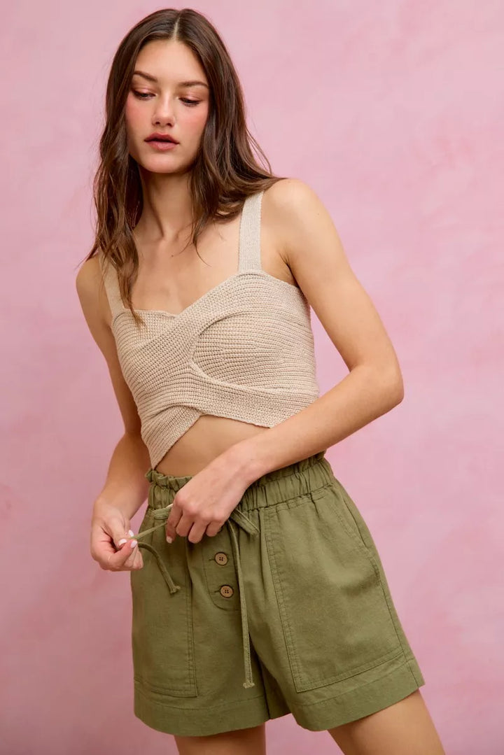 Paper bag waist twill shorts with button front and patch pockets