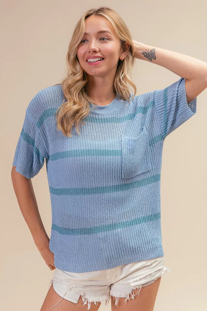 Striped short-sleeve knit sweater top with patch pocket