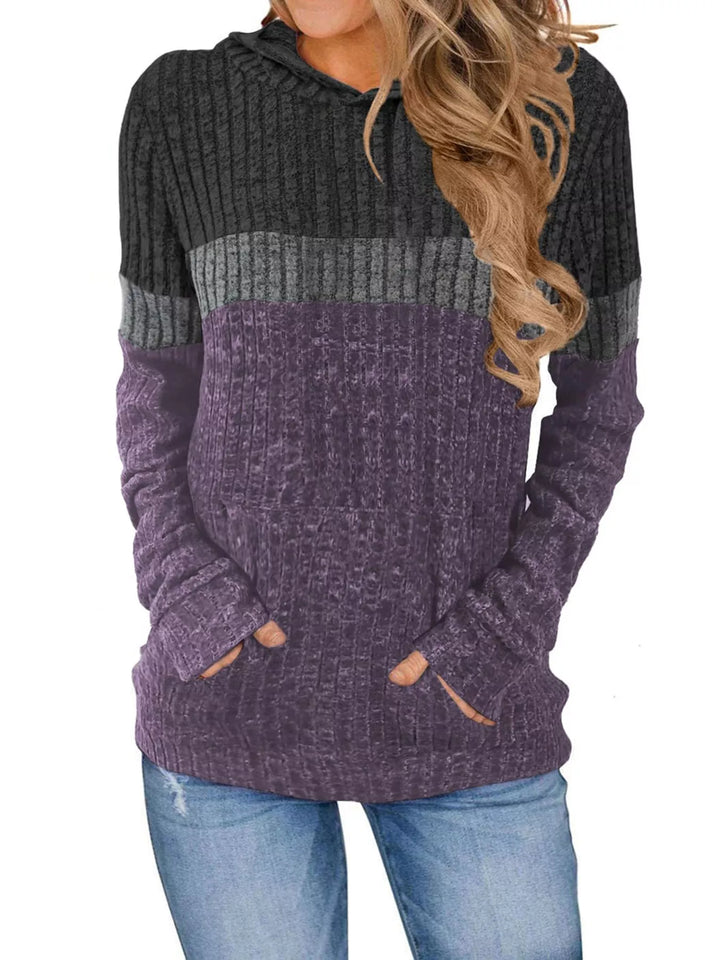 Gray Color block ribbed knit hoodie with kangaroo pocket