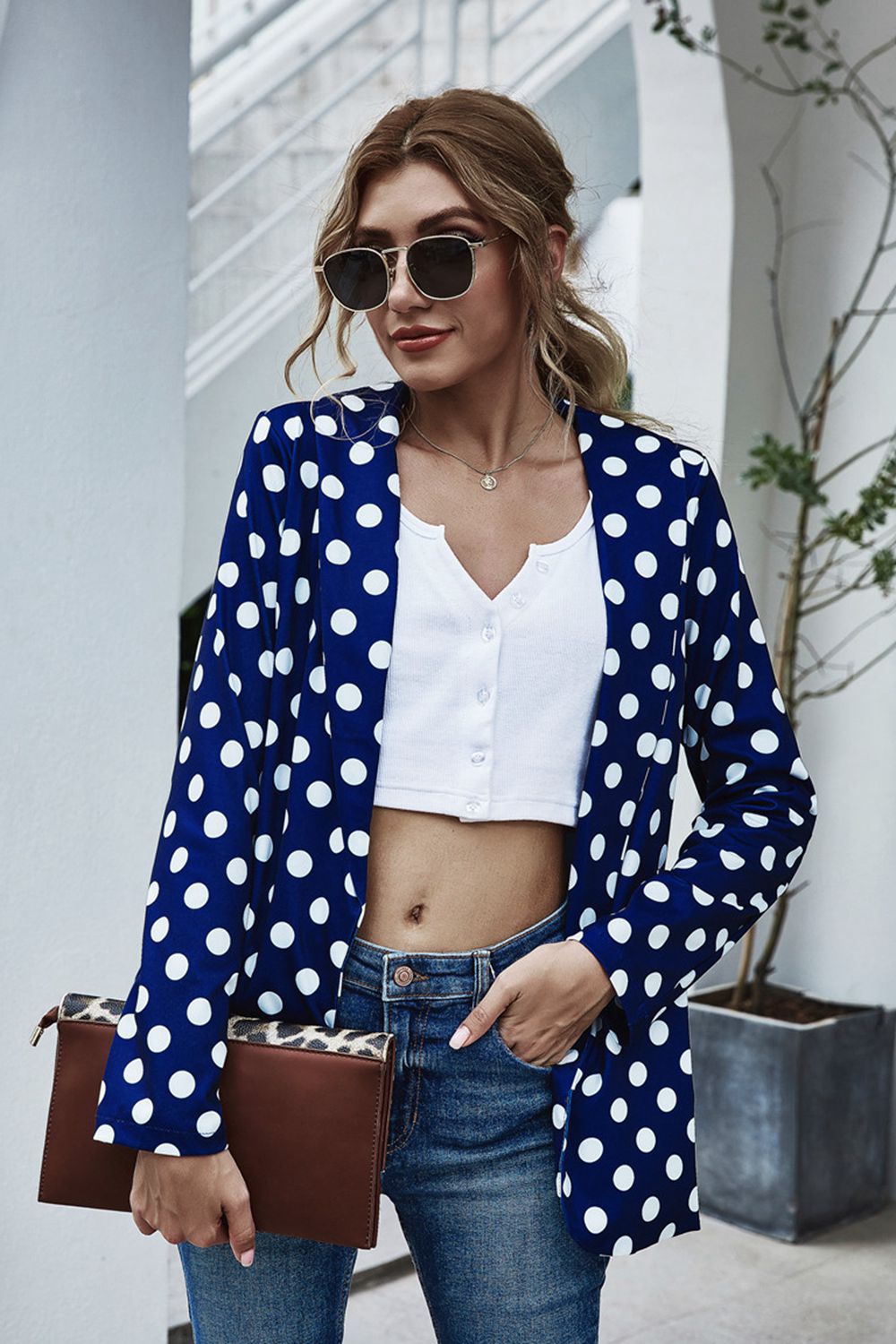 Polka dot open front long sleeve blazer