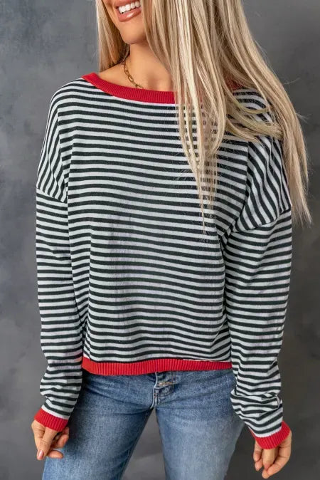 Contrast-trim striped drop-shoulder long sleeve knit top