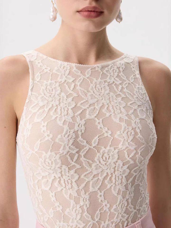 Sheer floral lace round neck long sleeve top