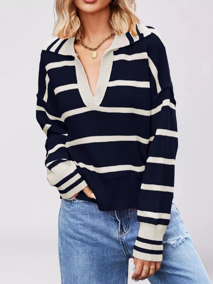 Dark Navy Striped johnny collar dropped shoulder sweater