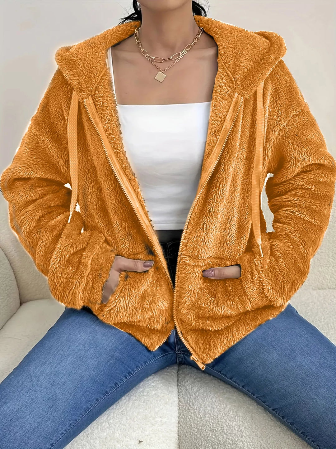 Fuzzy fleece hooded zip-up jacket with front pockets