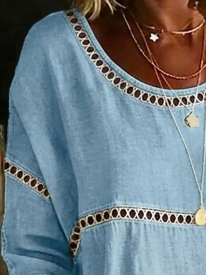 Floral print crochet-trim tunic top with 3/4 sleeves