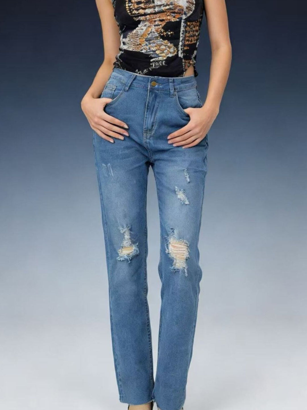 Distressed high-rise skinny jeans with frayed hem