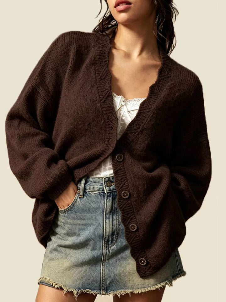 Dark Brown Oversized V-neck button-down knit cardigan with textured trim