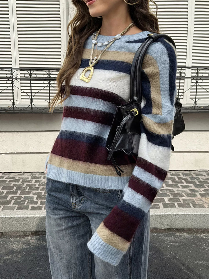 Striped fuzzy knit crew neck pullover sweater