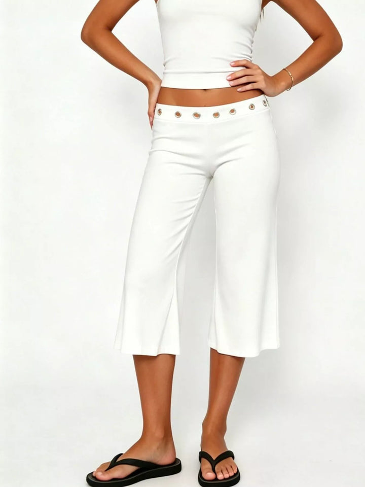 White Mid-rise wide-leg capri pants with gold-button waistband