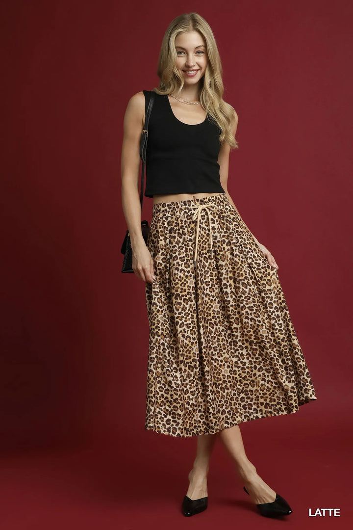 Pleated leopard print drawstring midi skirt