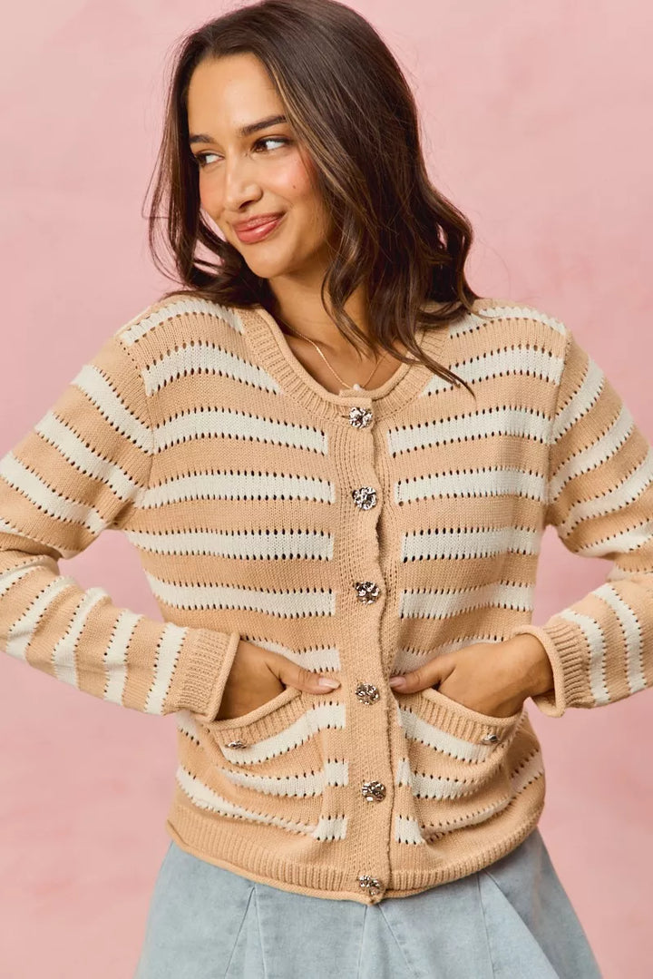 Striped openwork knit cardigan with jeweled buttons