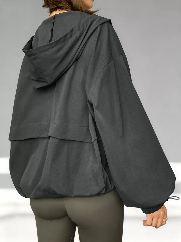 Drawstring hooded zip-up windbreaker jacket with pockets