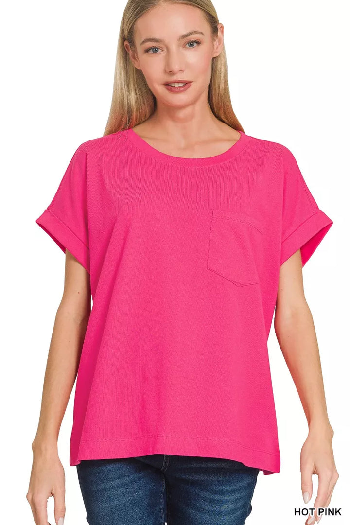 HOT PINK Ribbed cotton cuffed-sleeve tee with chest pocket