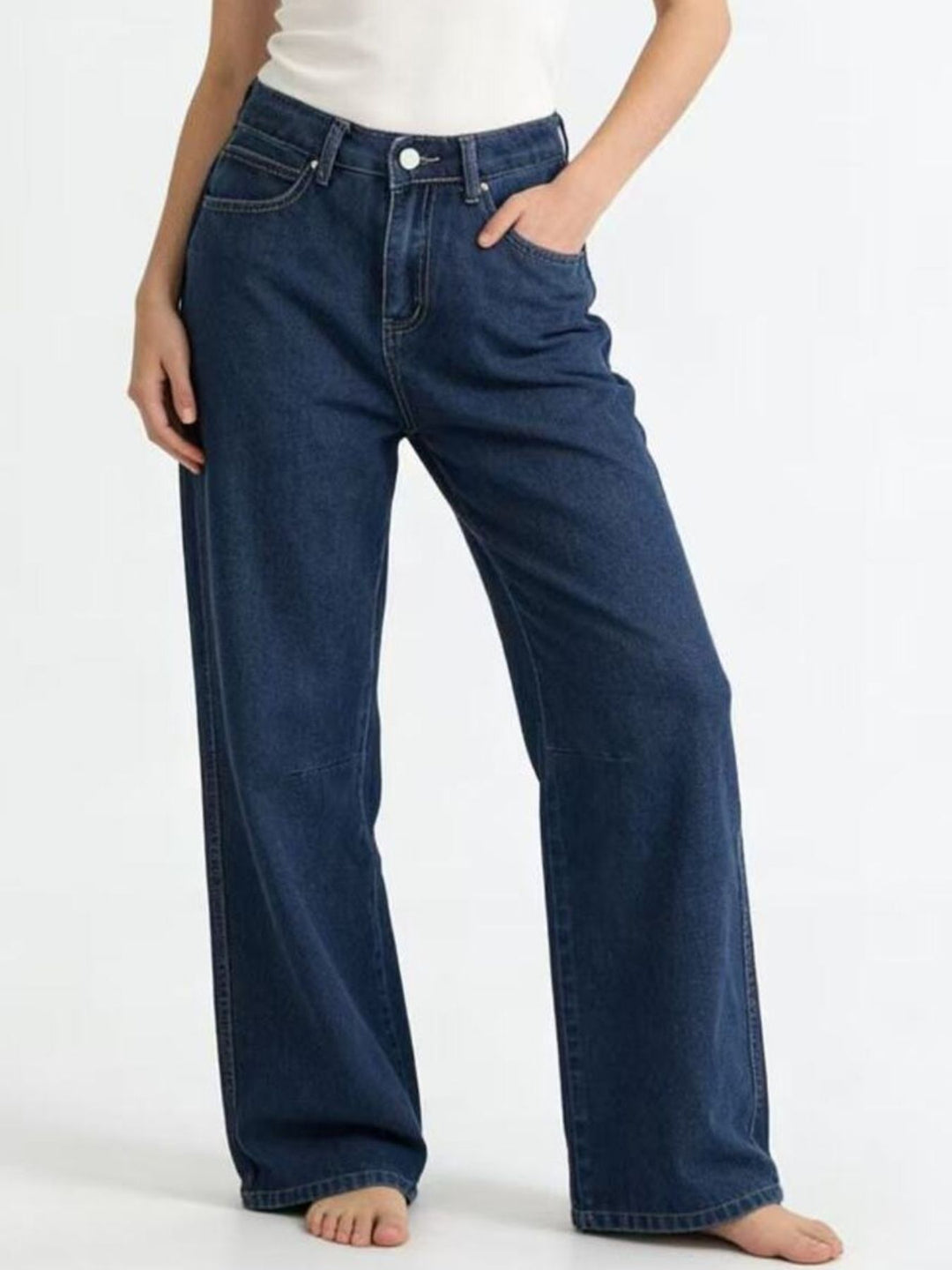 Dark Blue High-rise wide leg jeans with knee seam detail