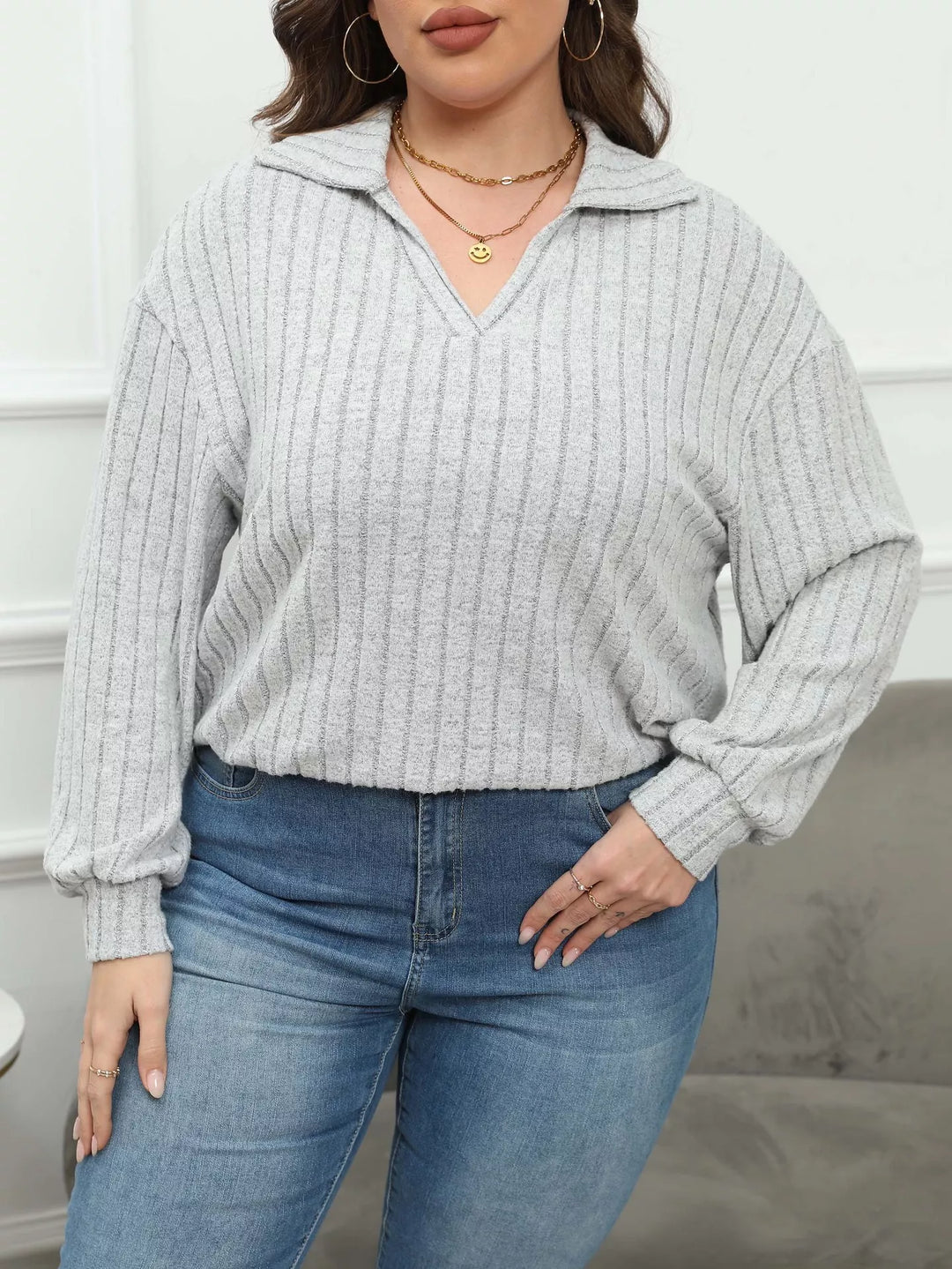 Plus size ribbed knit polo collar long-sleeve top