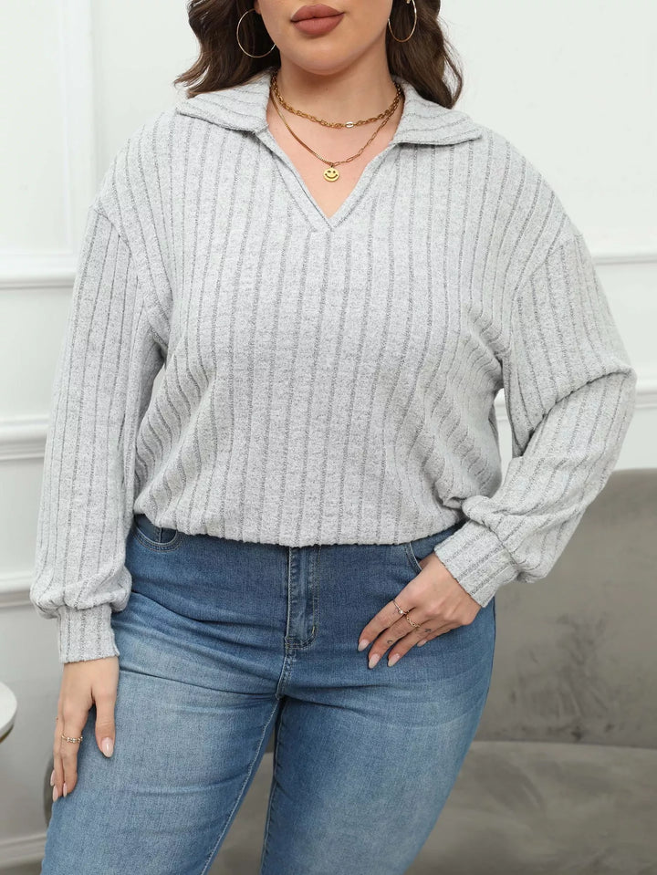 Plus size ribbed knit polo collar long-sleeve top