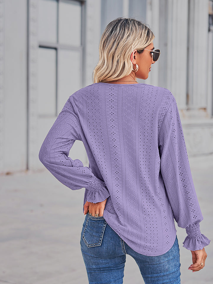 Eyelet V-neck blouse with lace trim and flounce sleeves