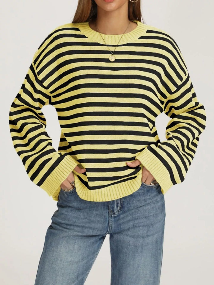 Yellow And Black Striped drop shoulder crew neck sweater with ribbed trim