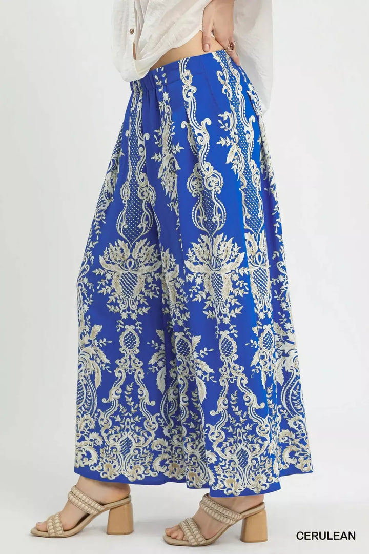 Border print wide leg pants with elastic waist and pockets