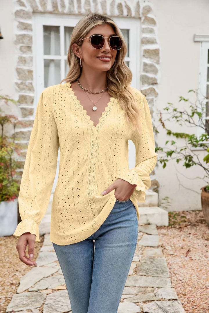 Light Yellow Eyelet lace-trim V-neck blouse with flounce sleeves