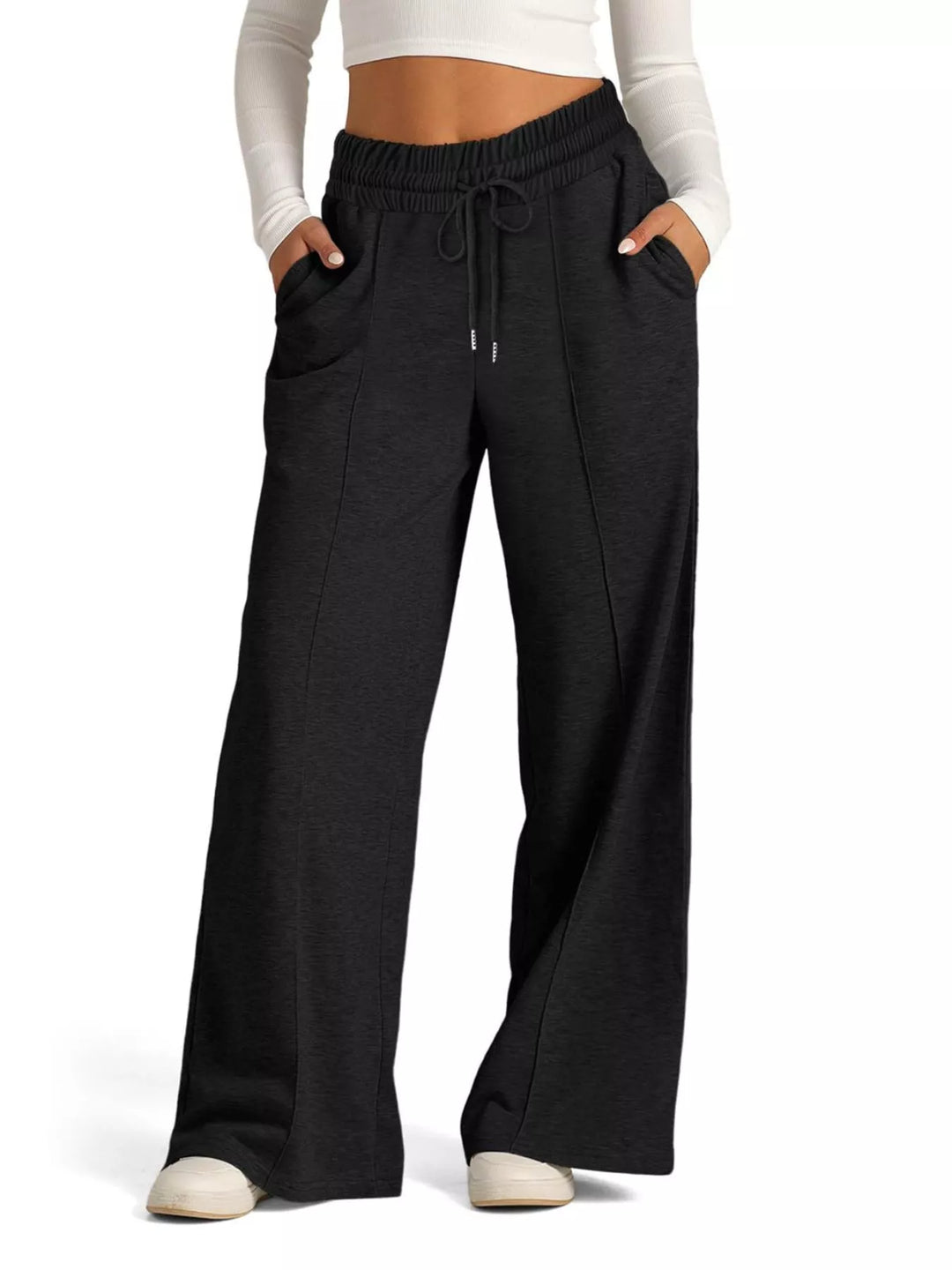 Wide-leg drawstring pants with elastic waist and pockets