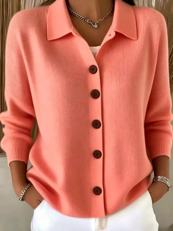 Orange Collared button-front knit cardigan with contrast buttons