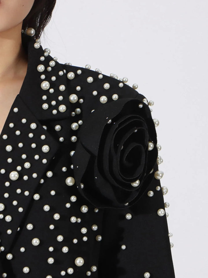 Pearl beaded double-breasted blazer with rosette appliques