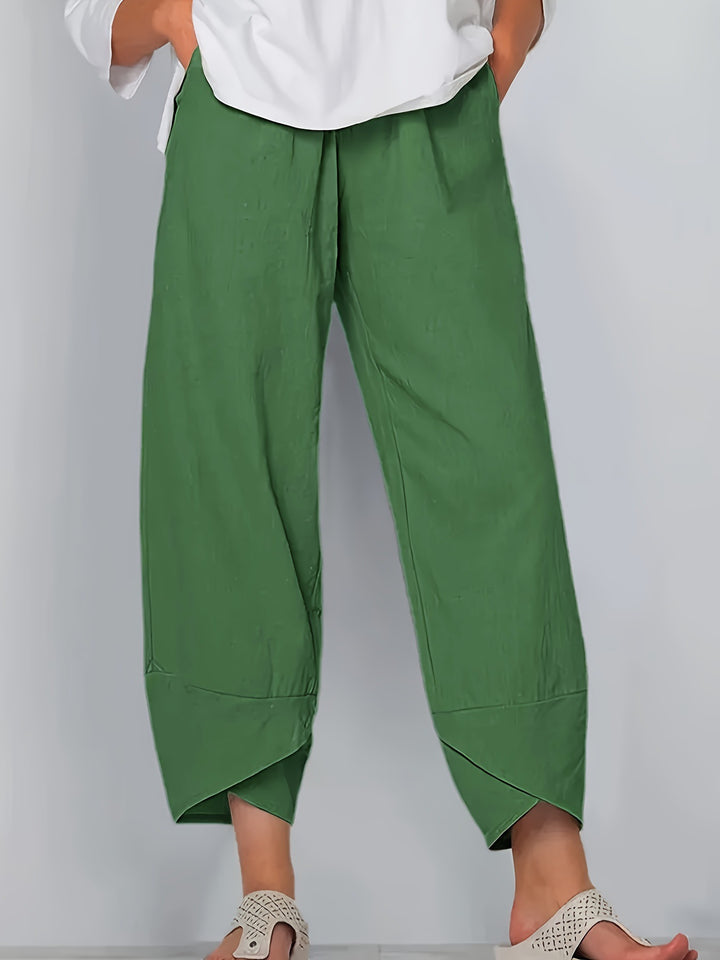 Army Green Elastic-waist wide-leg pants with tulip hem and pockets