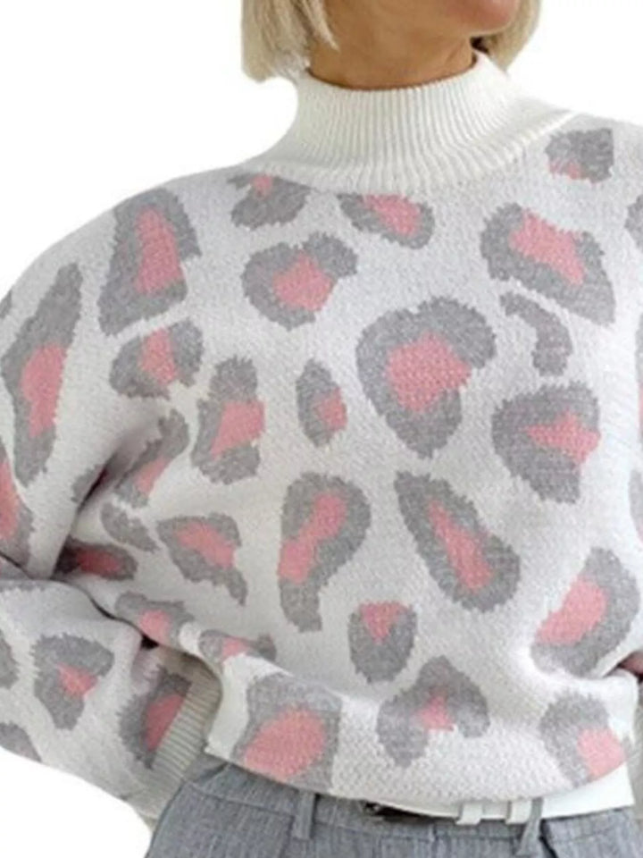 Leopard print long sleeve mock neck knit sweater