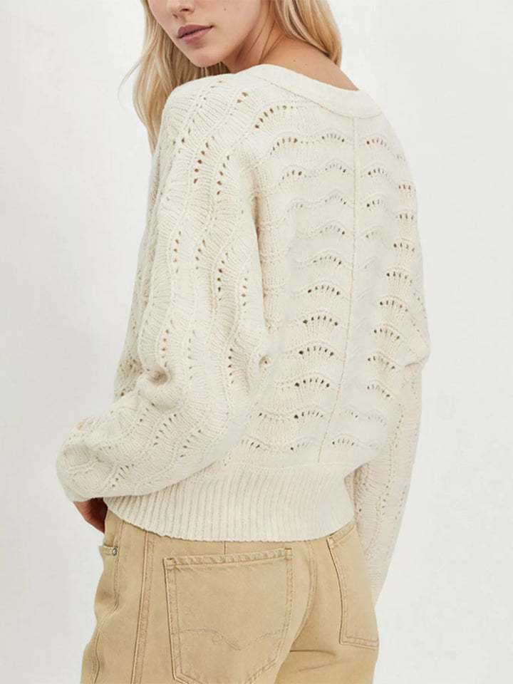 Openwork pointelle knit button-down cardigan