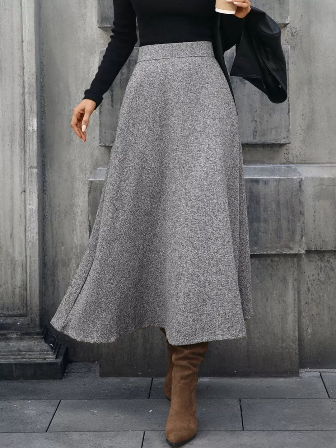 Gray High-waist A-line midi skirt with side pockets