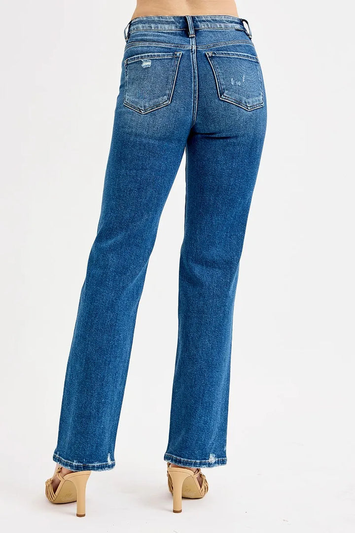 Distressed high-rise straight leg jeans with tummy control