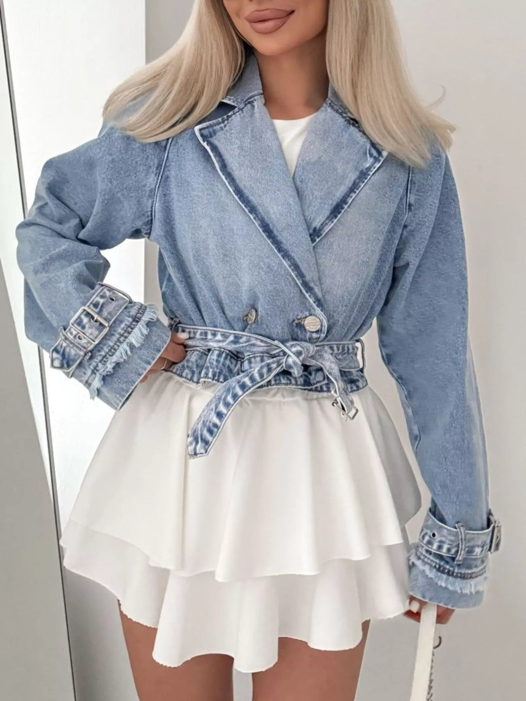 Cropped double-breasted denim jacket with belted cuffs