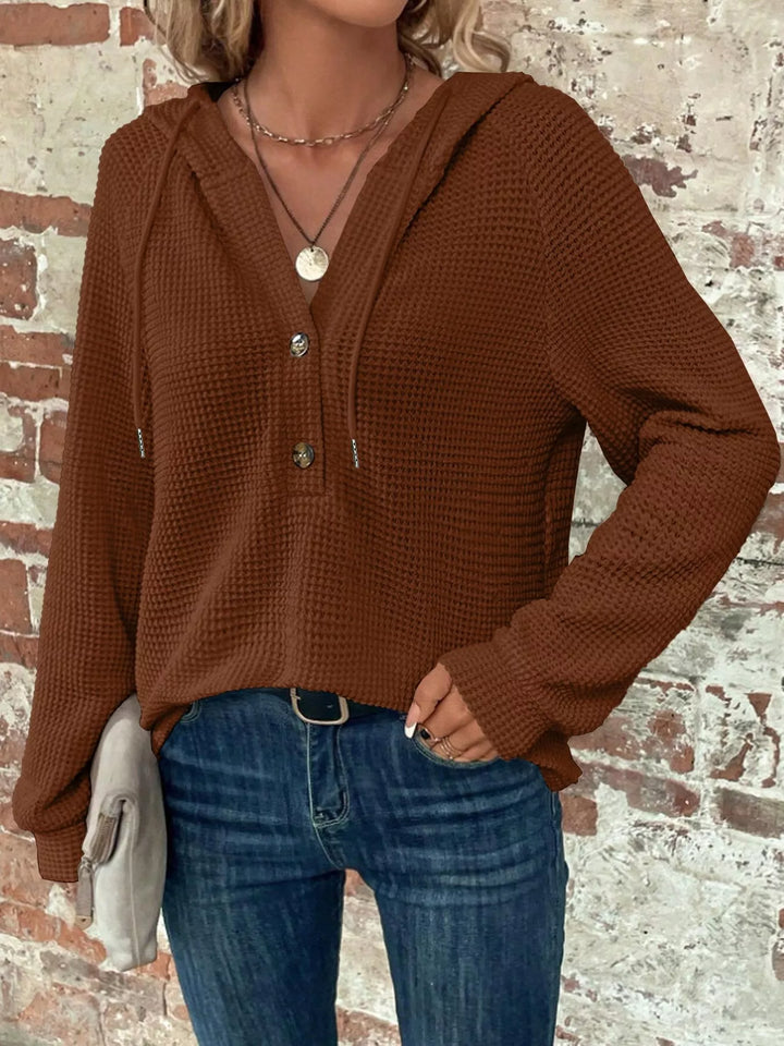 Caramel Waffle knit button-front hoodie with drawstring hood