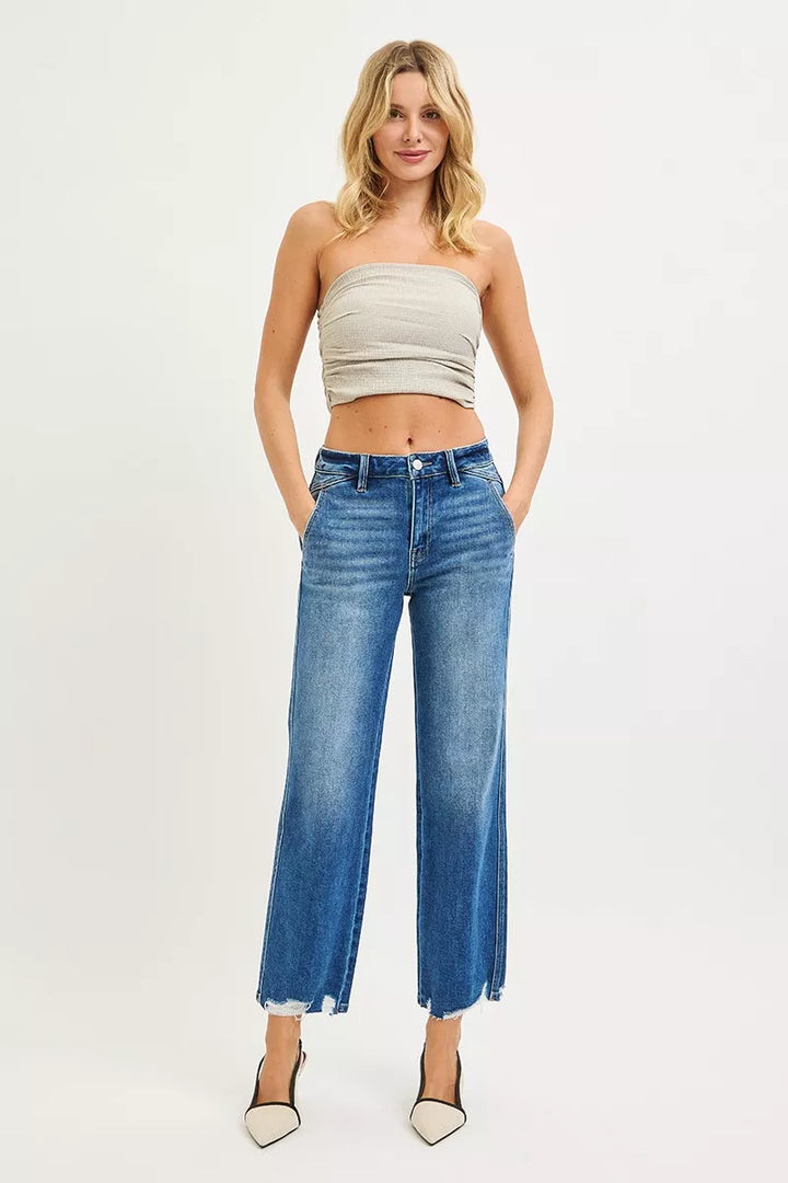 High-rise straight ankle jeans with distressed raw hem